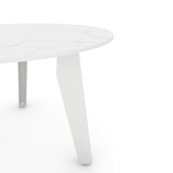 Plateau de la table basse ronde décor marbre, pieds acier blanc