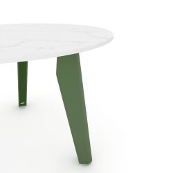 Plateau de la table basse ronde décor marbre, pieds acier vert