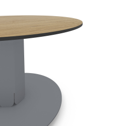 Plateau de table basse ronde décor chêne clair, pied central acier coloris gris métallisé
