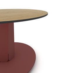 Plateau de table basse ronde décor chêne clair, pied central acier coloris red brown métallisé