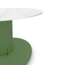 Plateau de table basse ronde décor marbre, pied acier coloris vert