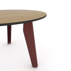 Plateau de table basse ronde décor chêne clair, pieds acier red brown métallisé
