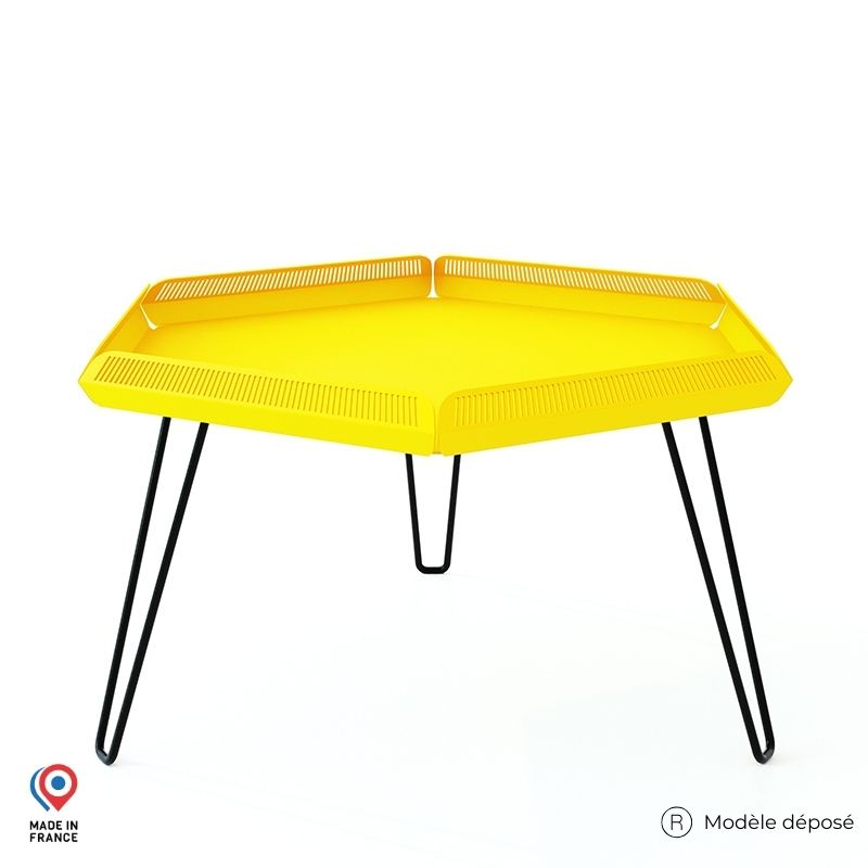 Table de jardin en acier Céleste jaune avec pieds épingle noirs
