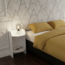 Table de chevet en acier blanc Luna dans chambre à coucher vue de face