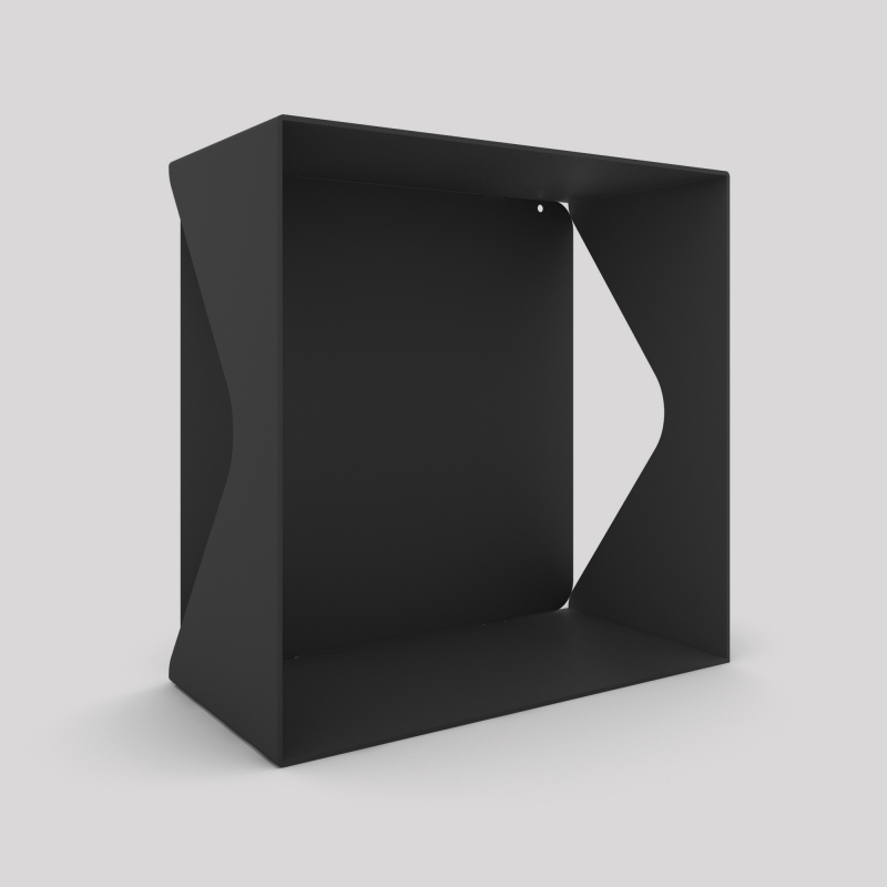 Cube-étagère échancré en acier avec sa plaque, carbone Cube-étagère échancré en acier avec sa plaque, carbone