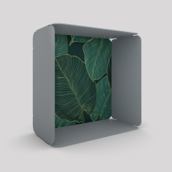 Cube-étagère en acier, gris métallisé avec son voile de fond grosses feuilles