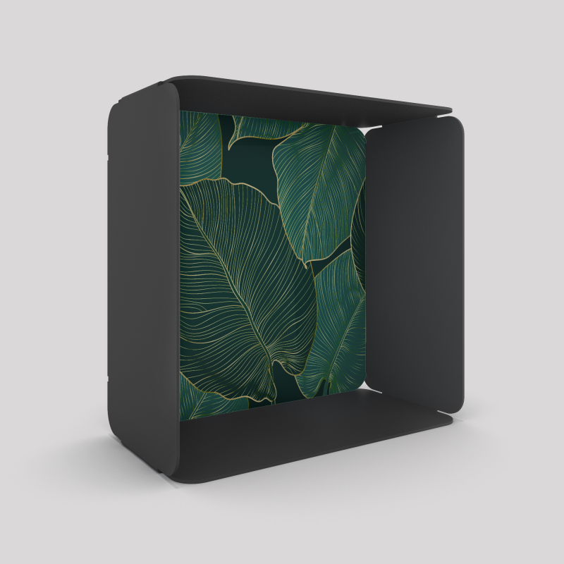 Cube-étagère en acier, carbone avec son voile de fond grosses feuilles