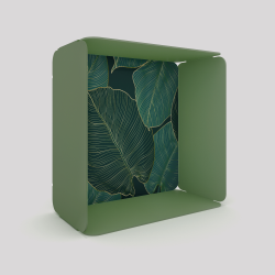 Cube-étagère en acier, vert avec son voile de fond grosses feuilles