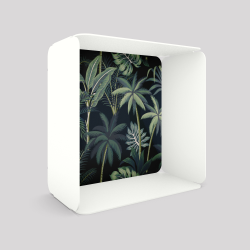 Cube-étagère en acier, blanc avec son voile de fond palmiers