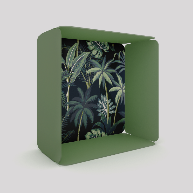 Cube-étagère en acier, vert avec son voile de fond palmiers