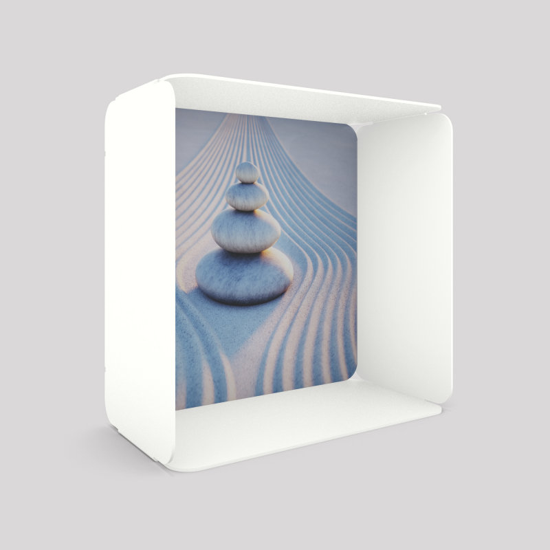 Cube-étagère en acier, blanc avec son voile de fond galets