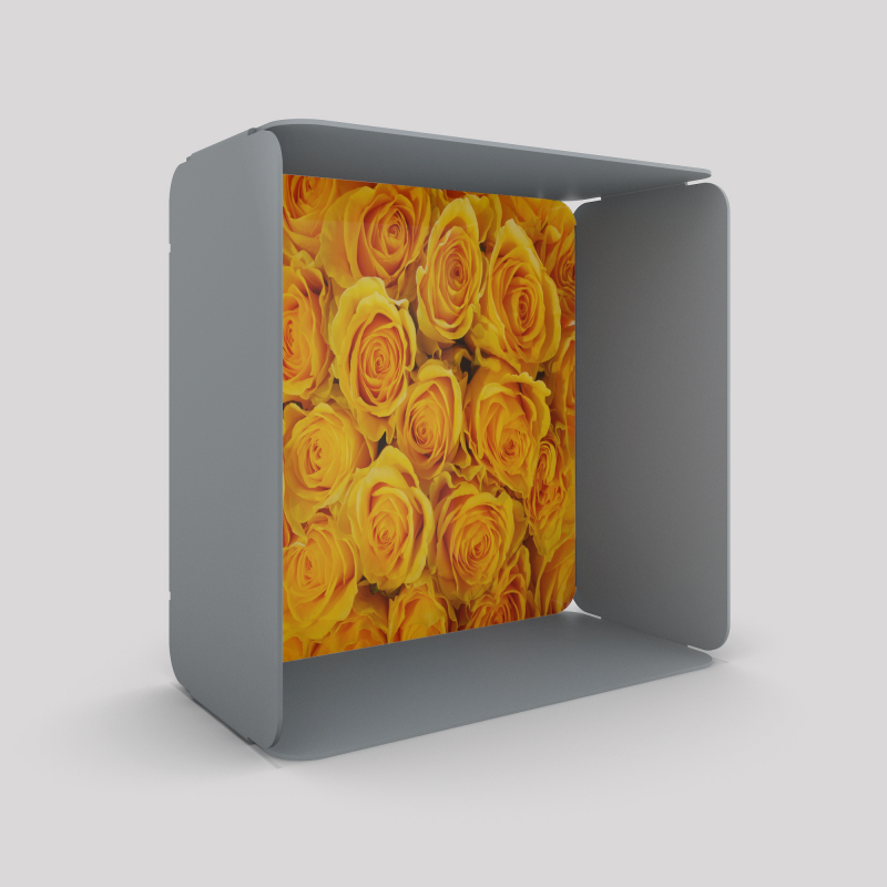 Cube-étagère en acier, gris métallisé avec son voile de fond roses jaunes