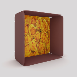 Cube-étagère en acier, red brown métallisé avec son voile de fond roses jaunes
