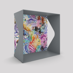 Cube-étagère échancré en acier, gris métallisé avec son voile de fond zèbres
