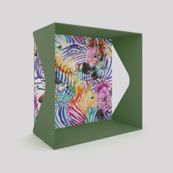 Cube-étagère échancré en acier, vert avec son voile de fond zèbres