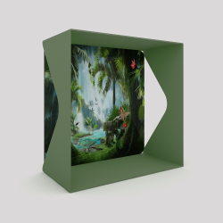 Cube-étagère échancré en acier, vert avec son voile de fond léopard