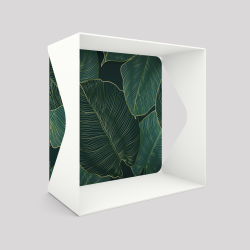 Cube-étagère échancré en acier, blanc avec son voile de fond grosses feuilles