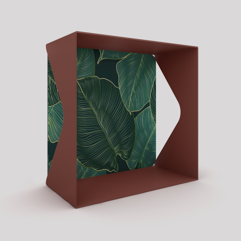 Cube-étagère échancré en acier, red brown métallisé avec son voile de fond grosses feuilles