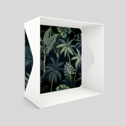Cube-étagère échancré en acier, blanc avec son voile de fond palmiers