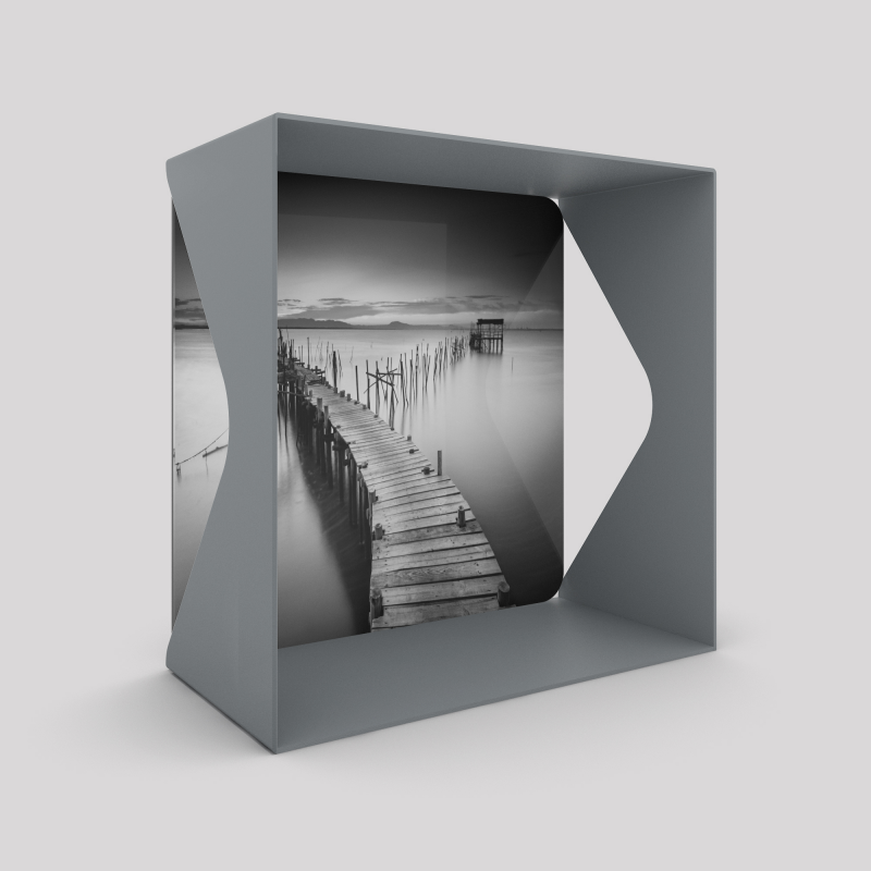 Cube-étagère échancré en acier, gris métallisé avec son voile de fond ponton Cube-étagère échancré en acier, gris métallisé avec son voile de fond ponton