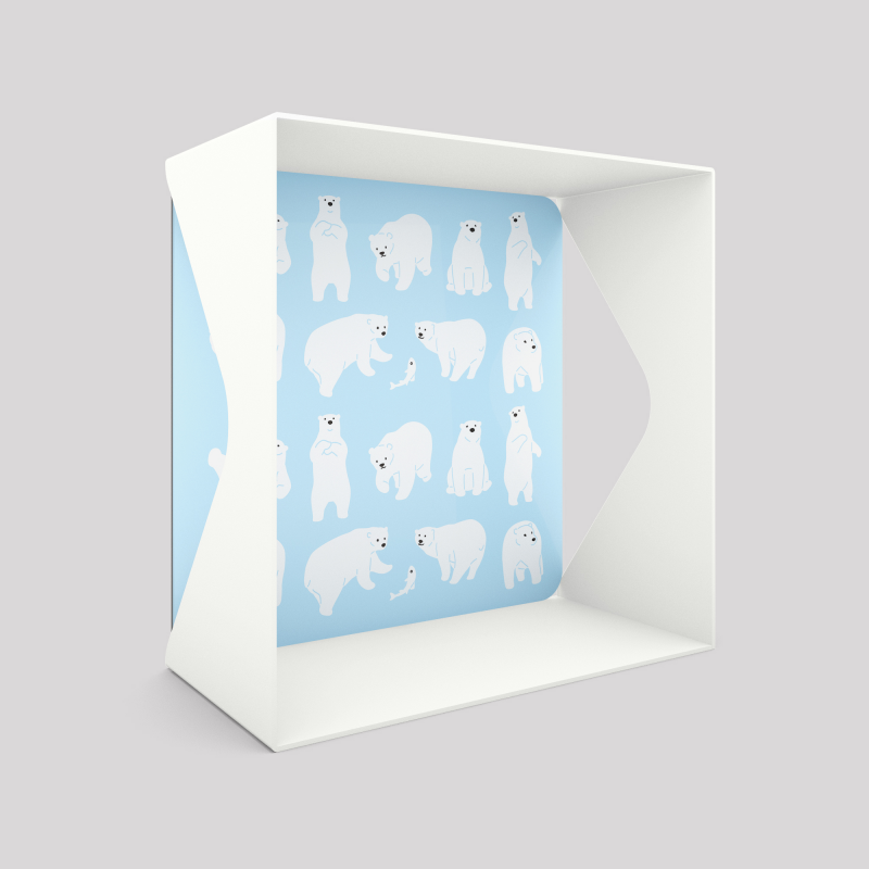 Cube-étagère échancré en acier, blanc avec son voile de fond ours polaires