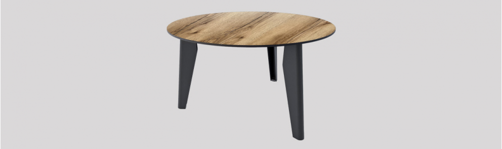 Table basse, pieds acier, plateau décor chêne clair 100% fabriquée en France
